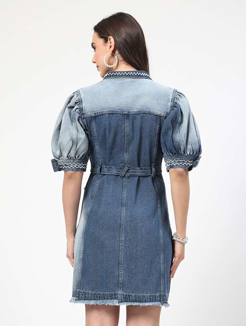 women puff sleeves acid washed shirt dress - 21692062 -  Standard Image - 3