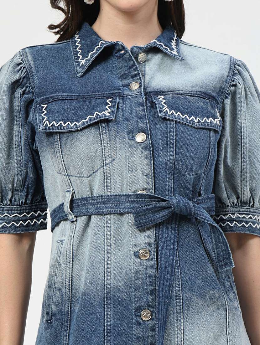 women puff sleeves acid washed shirt dress - 21692062 -  Standard Image - 5
