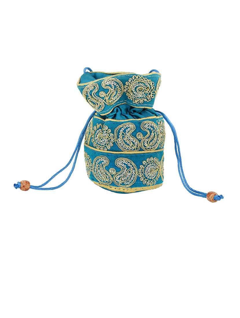 women blue embroidered potli