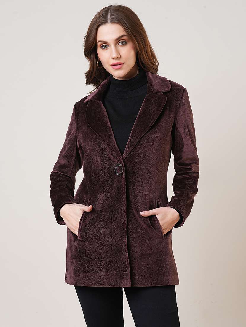 women lapel neck solid regular coat