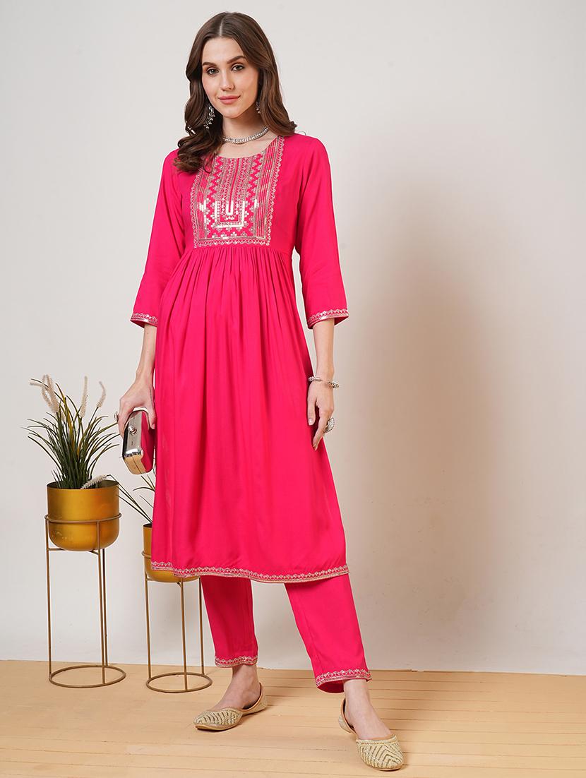 women pink three quarter sleeve kurta pant set - 21692154 -  Zoom Image - 0
