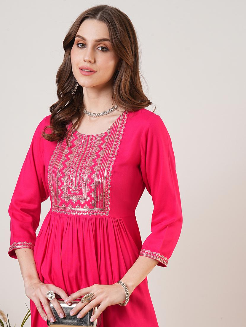 women pink three quarter sleeve kurta pant set - 21692154 - Standard Image - 3