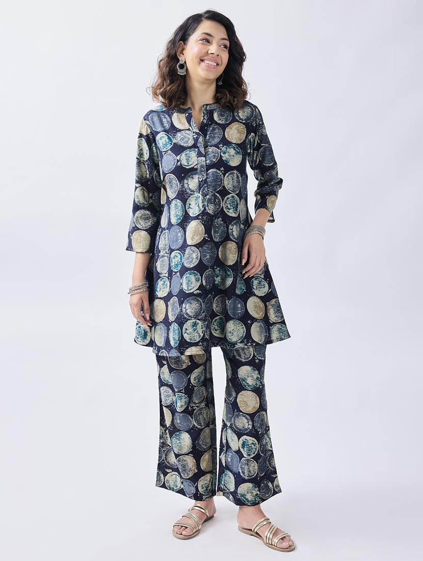 women navy blue geometric ethnic co-ord set