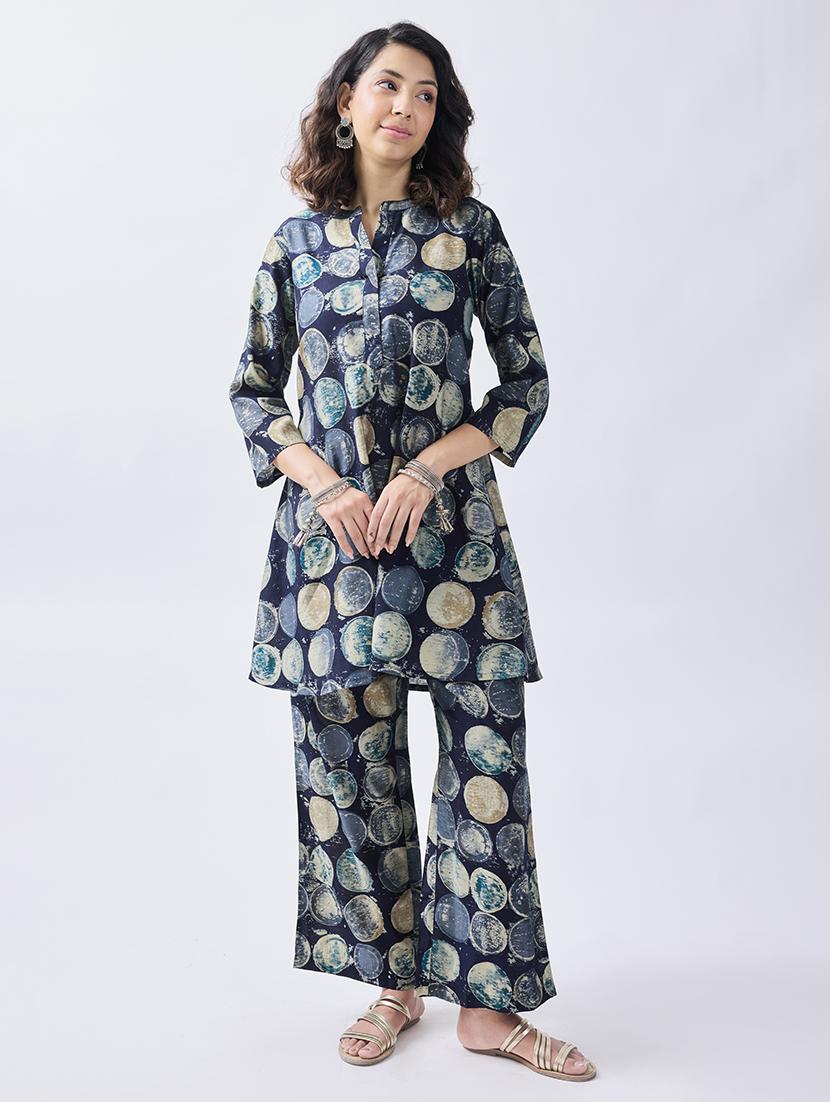 women navy blue geometric ethnic co-ord set - 21692290 - Standard Image - 3
