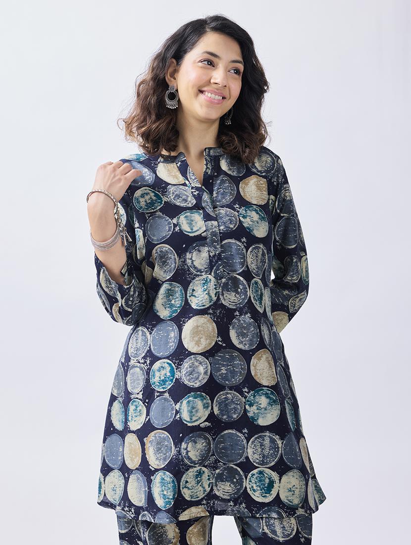 women navy blue geometric ethnic co-ord set - 21692290 - Standard Image - 5