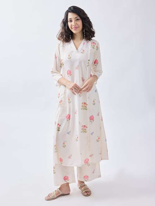 women white floral printed kurta palazzo set 