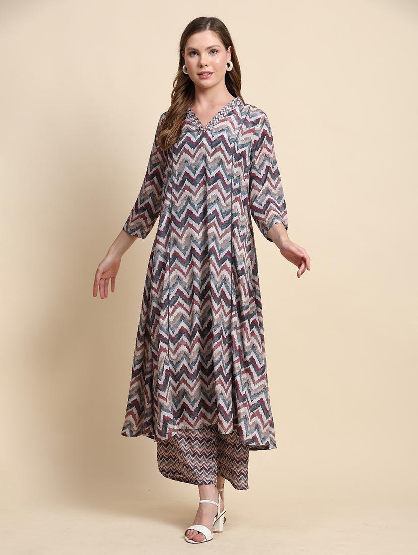 women chevron printed kurta palazzo co-ord sets - 21692300 -  Zoom Image - 0