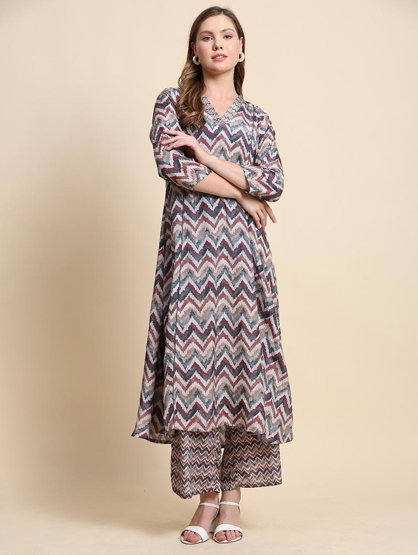 women chevron printed kurta palazzo co-ord sets - 21692300 - Standard Image - 3