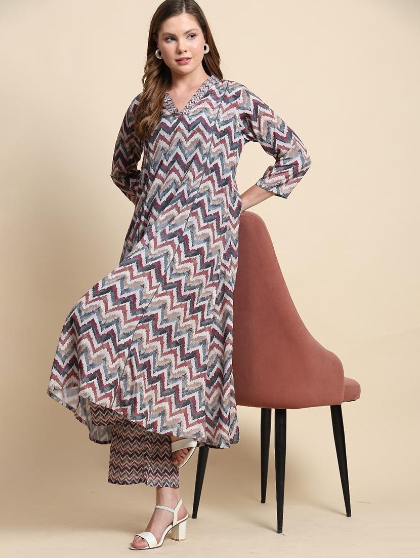 women chevron printed kurta palazzo co-ord sets - 21692300 - Standard Image - 5