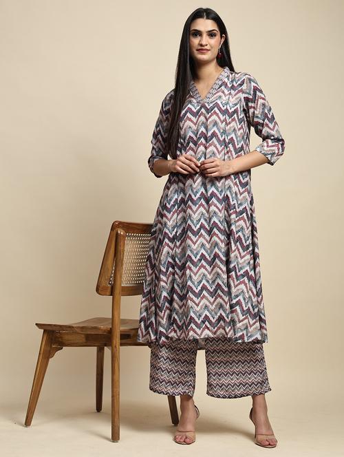 women chevron printed kurta palazzo co-ord sets - 21692301 -  Standard Image - 0