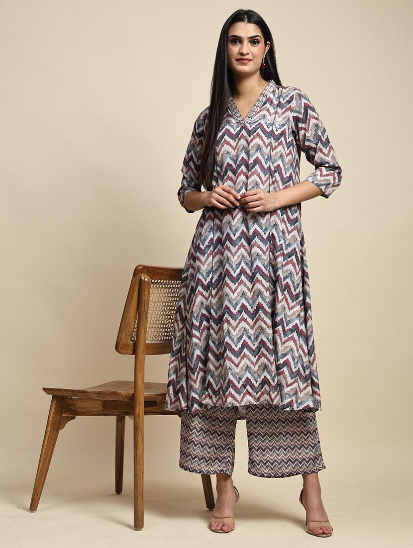 women chevron printed kurta palazzo co-ord sets - 21692301 -  Zoom Image - 0