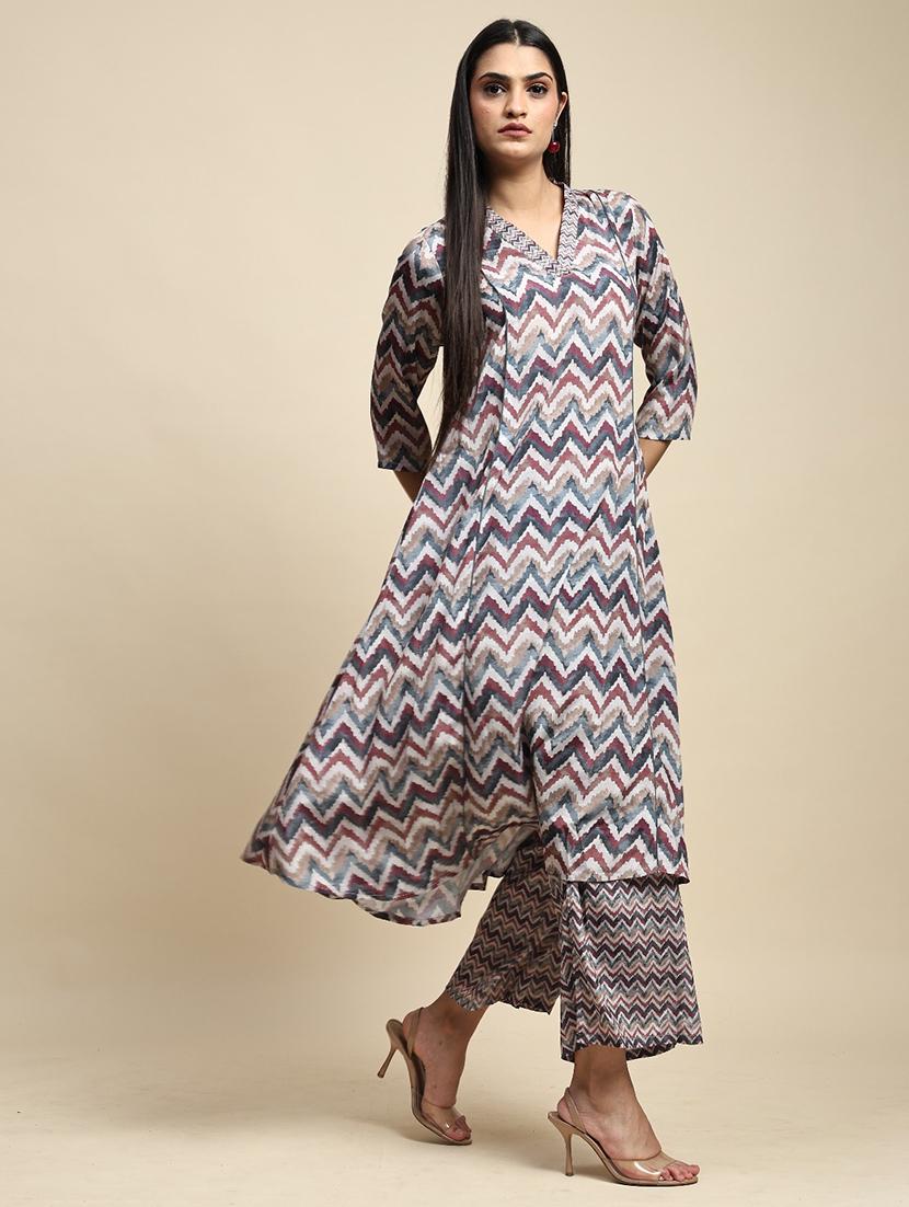 women chevron printed kurta palazzo co-ord sets - 21692301 - Standard Image - 3