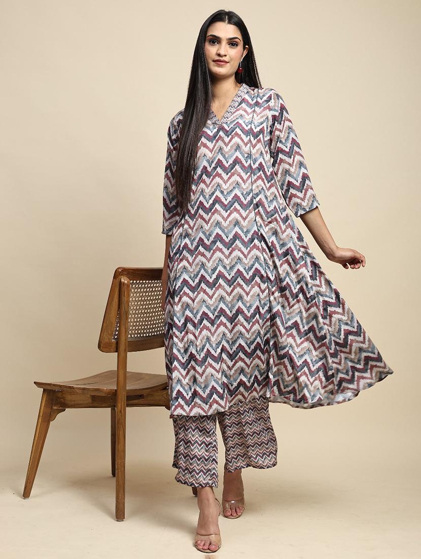 women chevron printed kurta palazzo co-ord sets - 21692301 - Standard Image - 5
