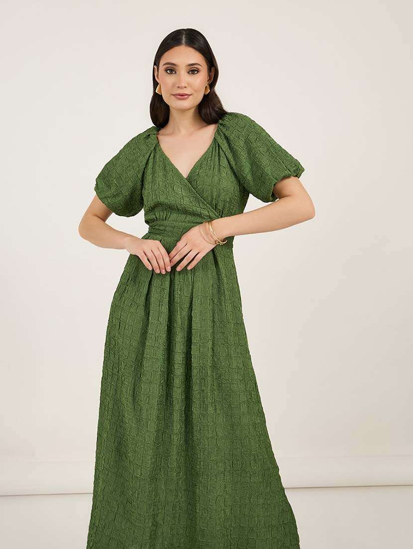 women solid puff sleeves fit & flare dress - 21692546 -  Standard Image - 3