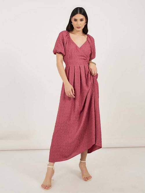 women solid puff sleeves fit & flare dress - 21692547 -  Standard Image - 0
