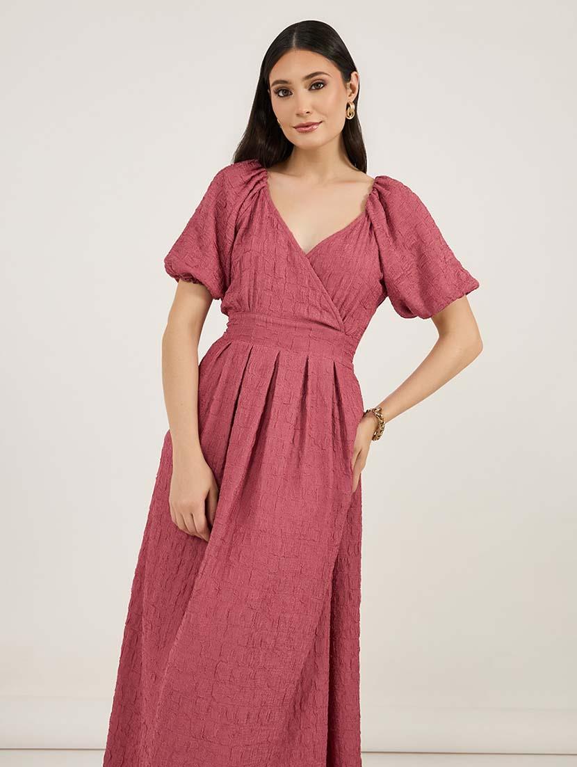 women solid puff sleeves fit & flare dress - 21692547 - Standard Image - 3