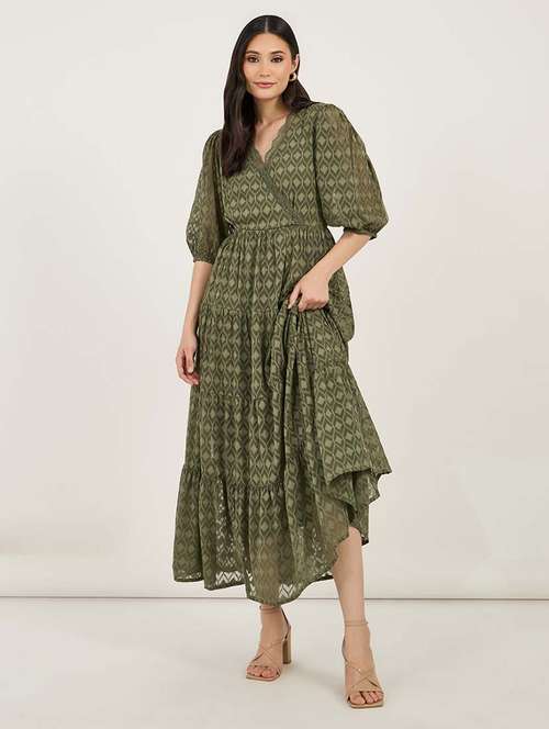 women self designed puff sleeves tiered dress - 21692549 - Standard Image - 0