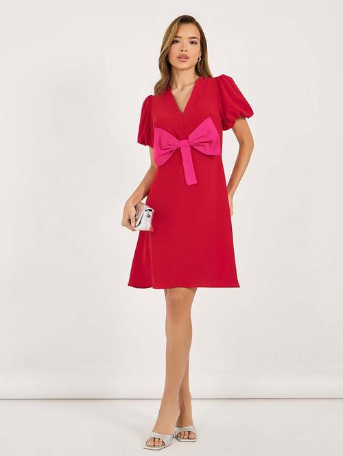 women solid puff sleeves front bow detailed a-line dress - 21692553 -  Standard Image - 0