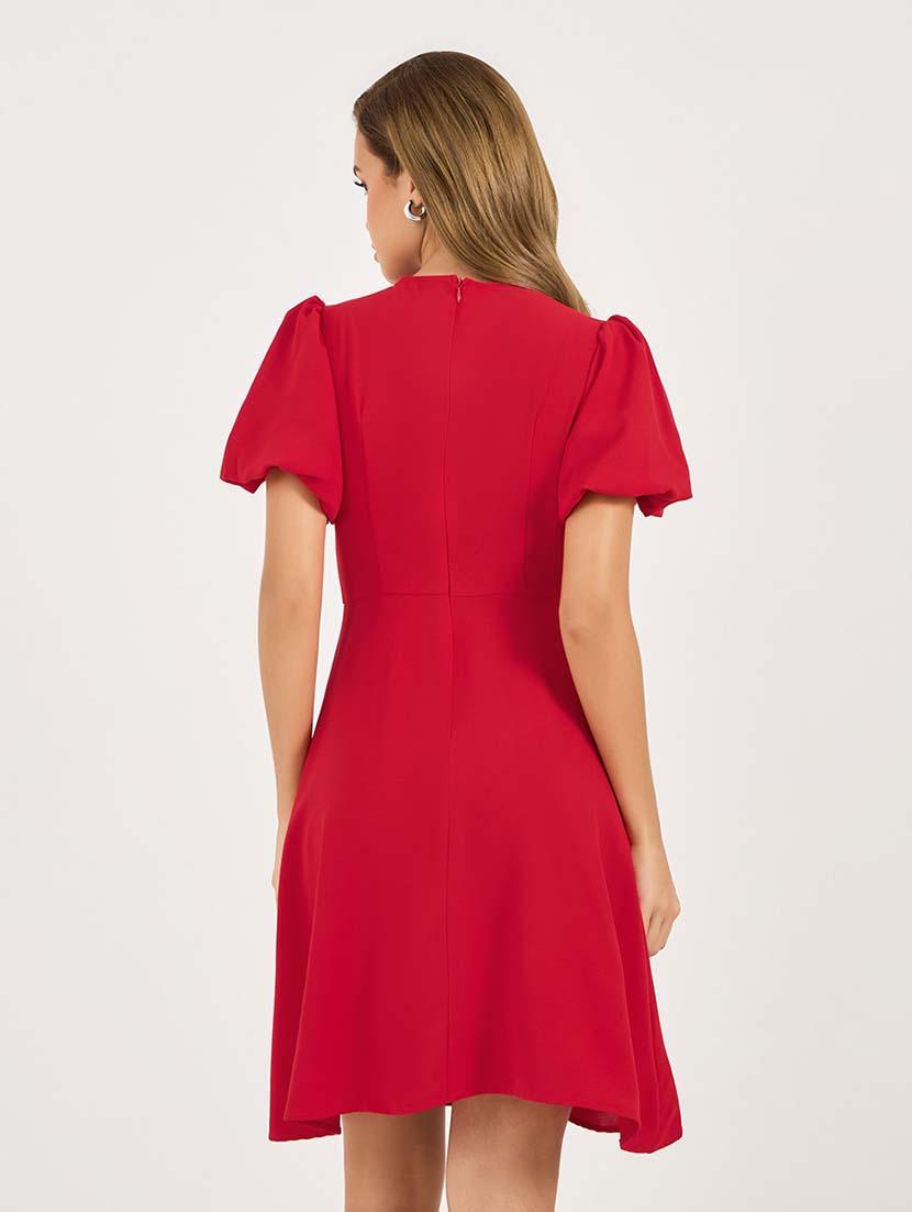 women solid puff sleeves front bow detailed a-line dress - 21692553 - Standard Image - 3