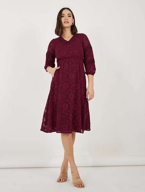 women slef designed puff sleeves a-line dress - 21692556 - Standard Image - 0