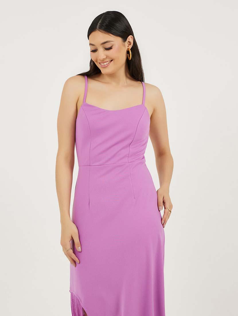 women solid shoulder strap fringe detailed a-line dress - 21692562 - Standard Image - 3