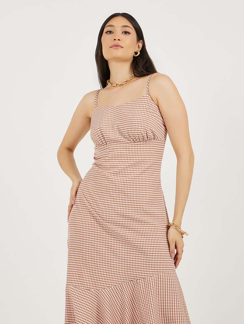 women checkered shoulder strap tiered dress - 21692567 - Standard Image - 3