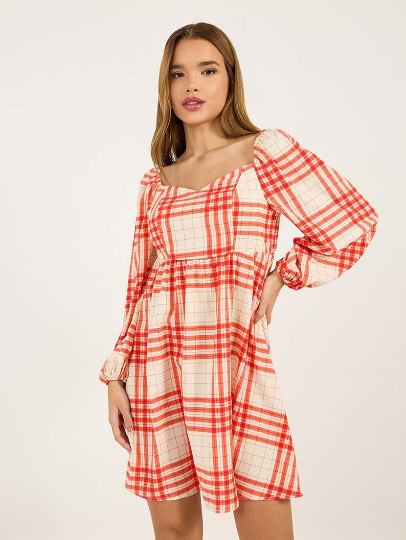 women checkered puff sleeves fit & flare dress - 21692568 - Standard Image - 3