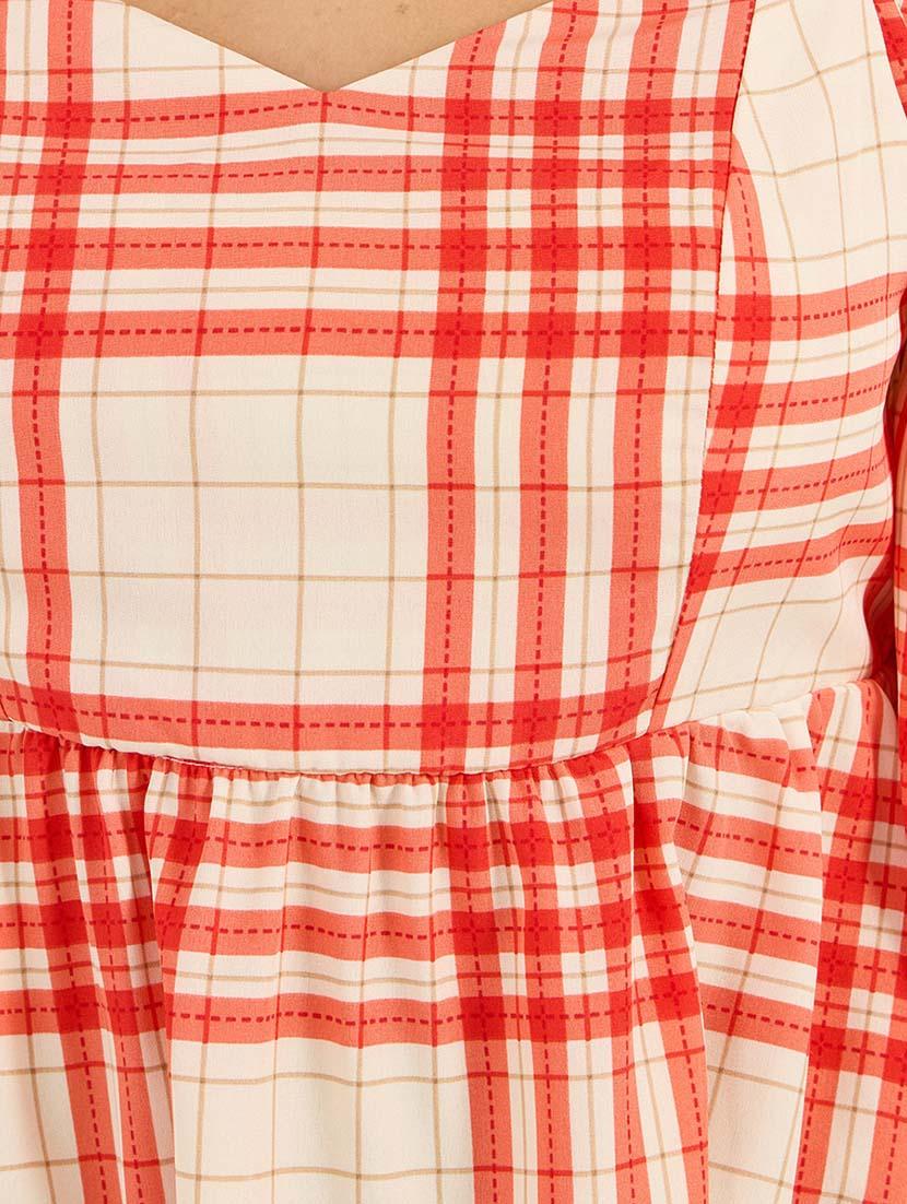 women checkered puff sleeves fit & flare dress - 21692568 - Standard Image - 5