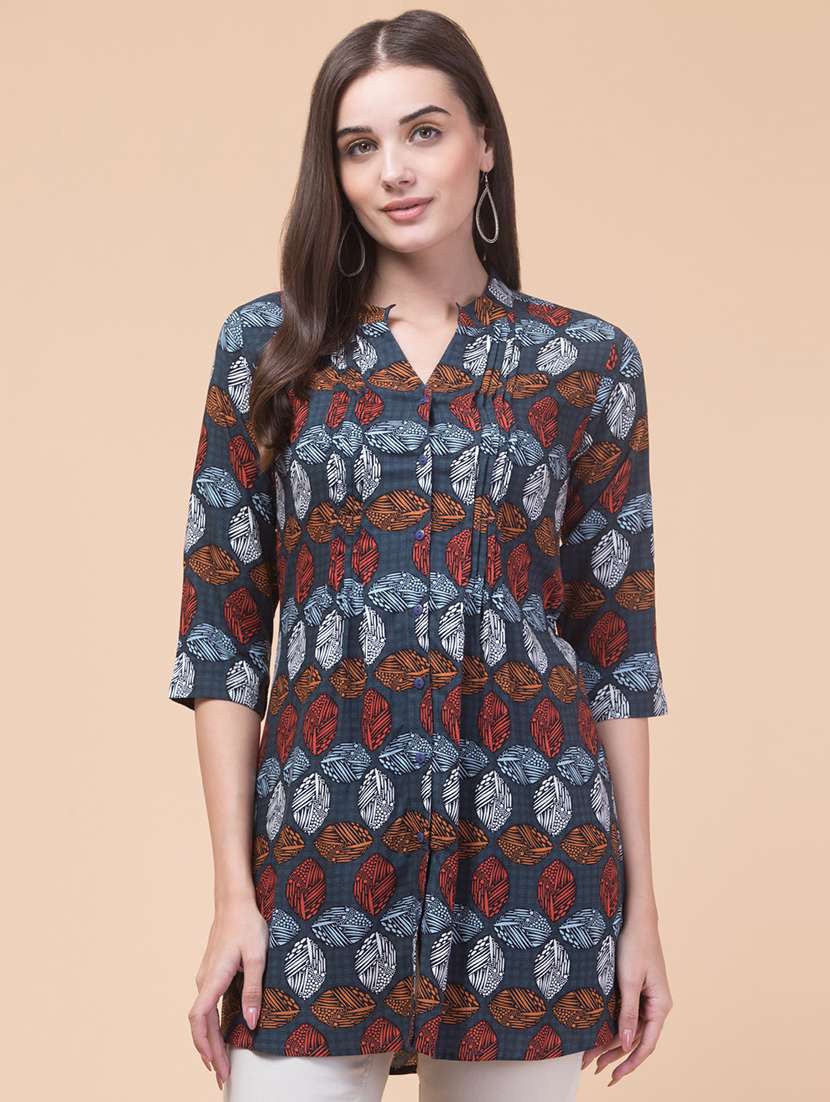 women printed mandarin neck a-line tunic