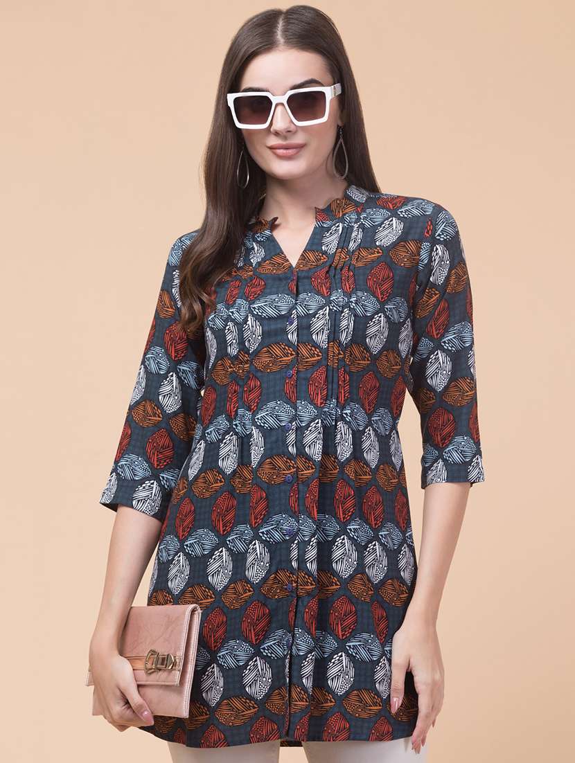 women printed mandarin neck a-line tunic - 21692640 -  Standard Image - 5