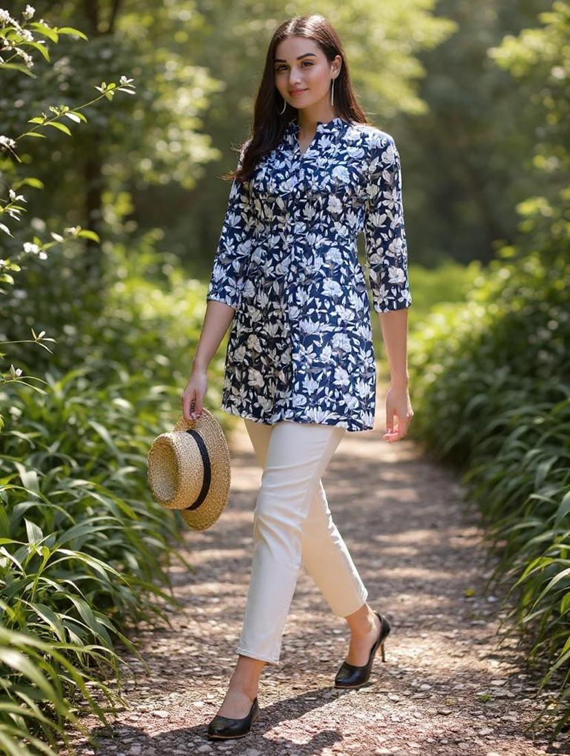 women floral printed mandarin neck tunic - 21692644 - Zoom Image - 0