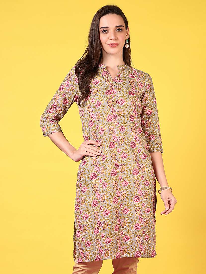 women mandarin neck floral printed straight kurta