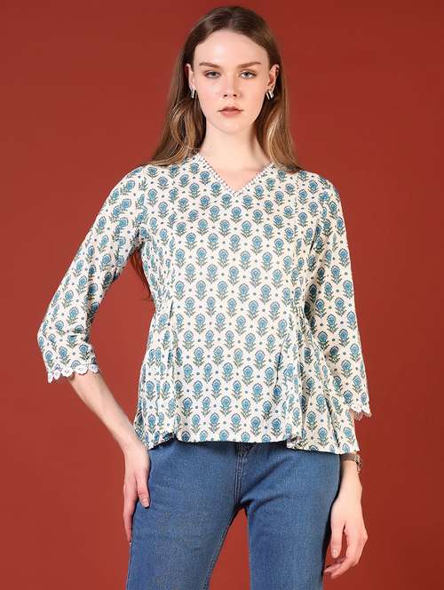 women printed three quarter sleeve a-line top - 21692765 -  Standard Image - 0