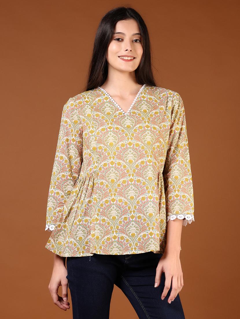 women yellow printed three quarter sleeve a-line top - 21692766 - Zoom Image - 0