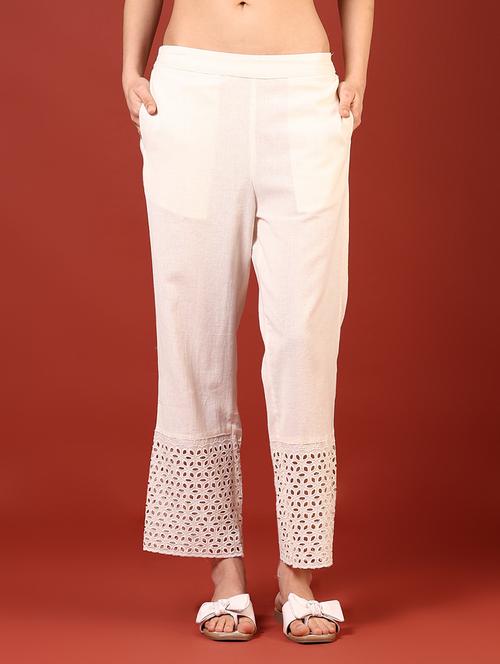 women solid lace hem straight pants - 21692772 -  Standard Image - 0