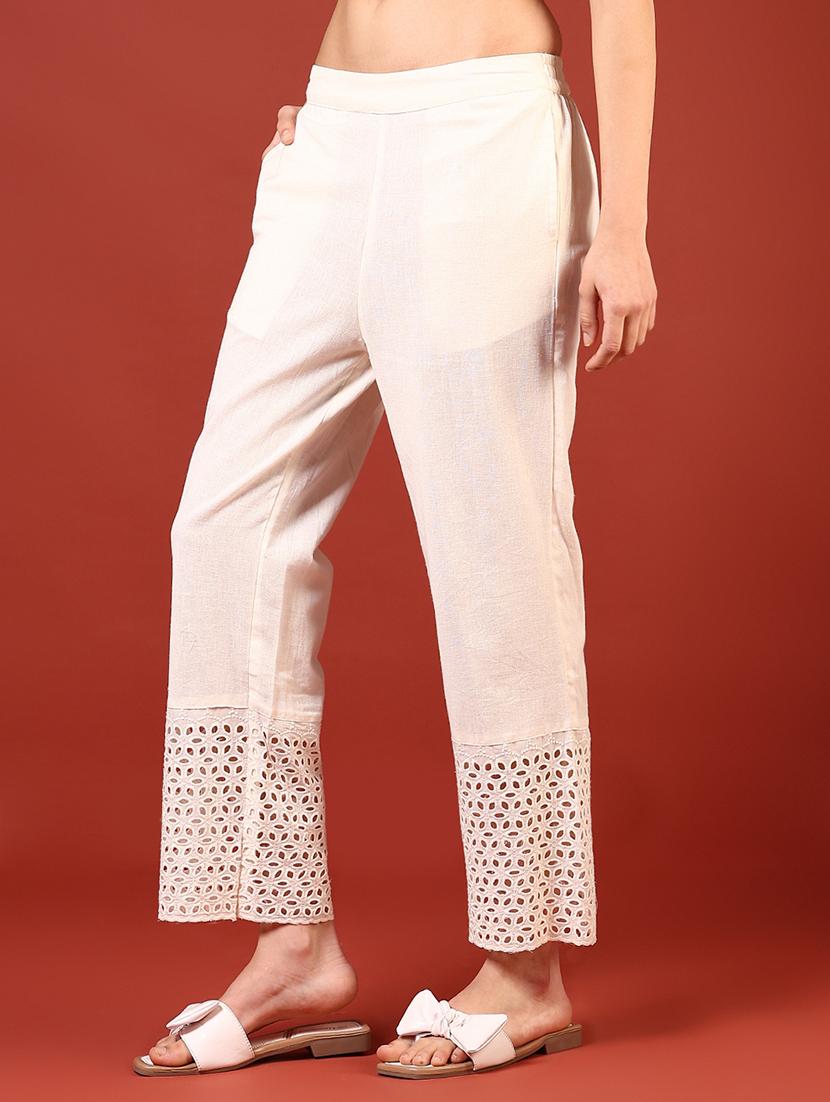 women solid lace hem straight pants - 21692772 - Standard Image - 3