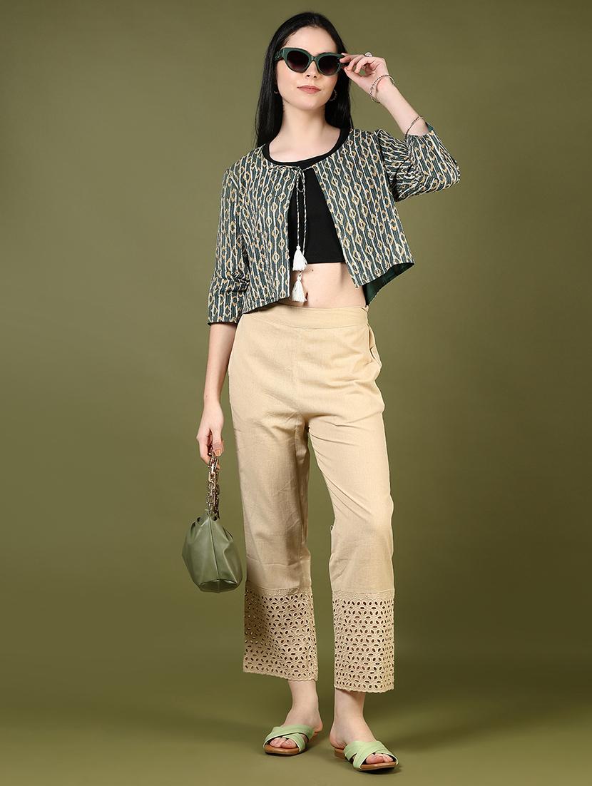 women solid lace hem straight pant - 21692773 - Standard Image - 5