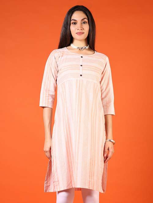 women peach striped three quarter sleeve straight kurta - 21692786 -  Standard Image - 0