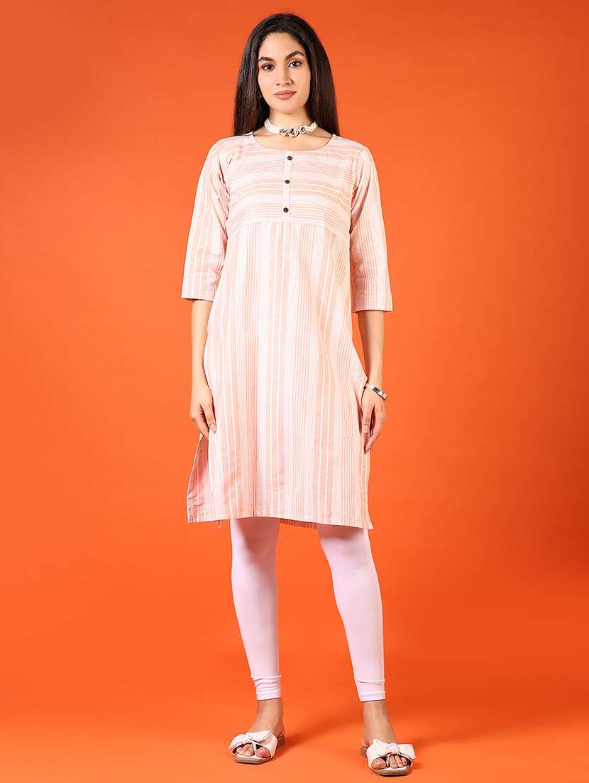 women peach striped three quarter sleeve straight kurta - 21692786 -  Standard Image - 3
