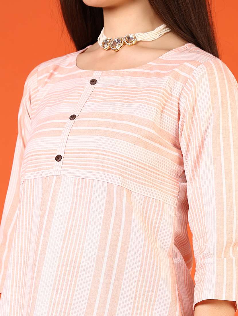 women peach striped three quarter sleeve straight kurta - 21692786 -  Standard Image - 5