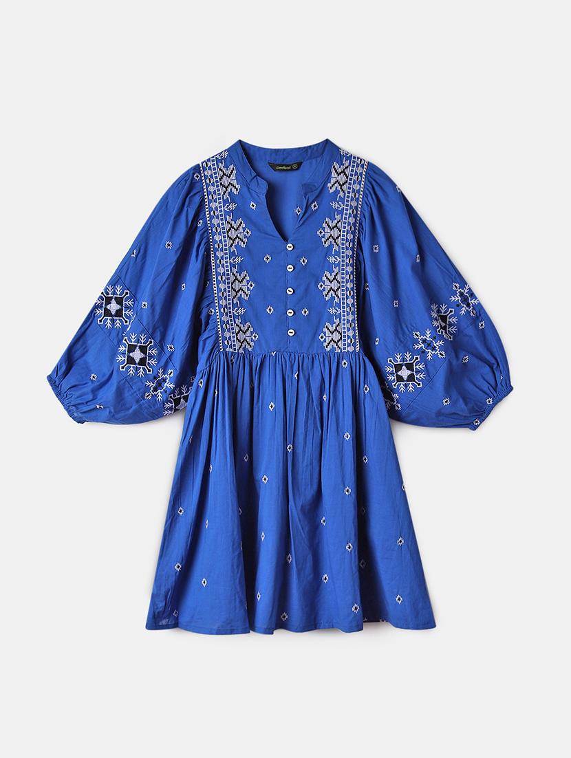 women blue embroidered puff sleeve a-line tunic - 21692789 - Standard Image - 3