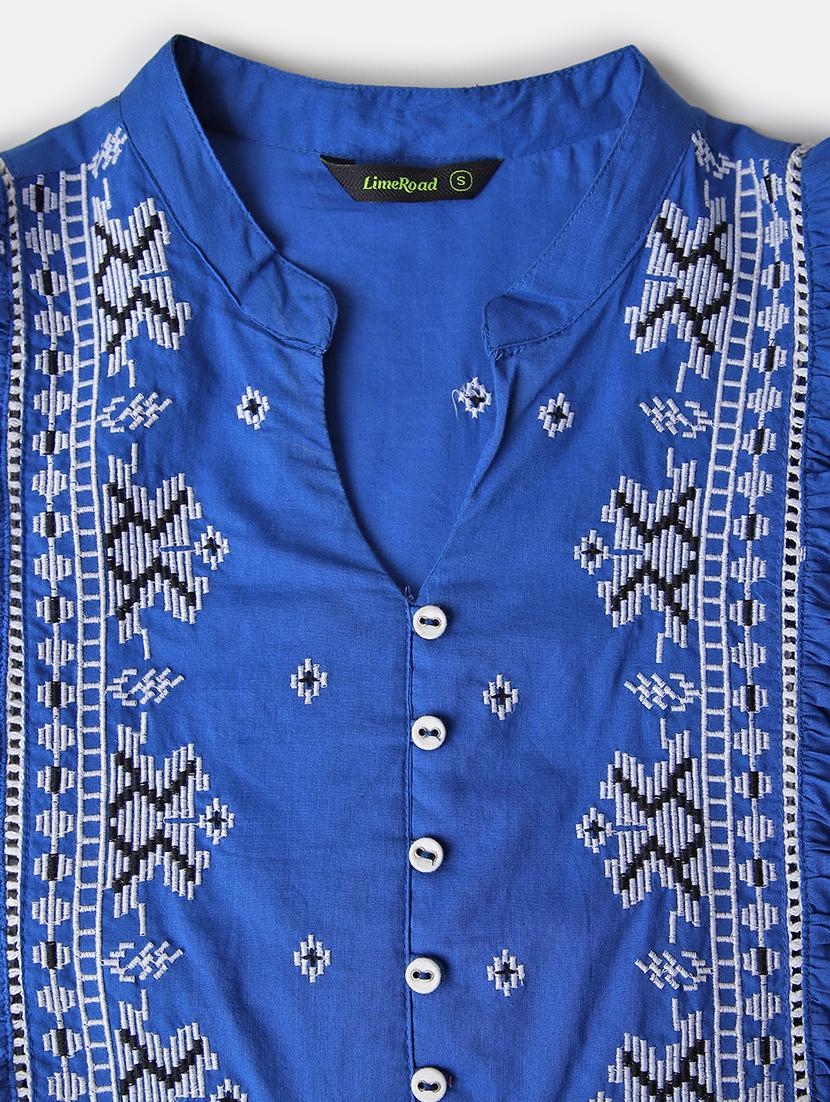 women blue embroidered puff sleeve a-line tunic - 21692789 - Standard Image - 5
