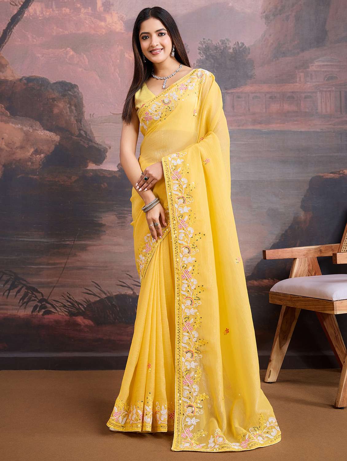 yellow organza embroidered saree with blouse - 21693000 - Zoom Image - 0