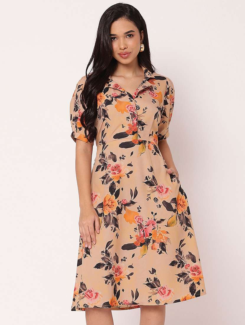 women floral print puff sleeves a-line dress