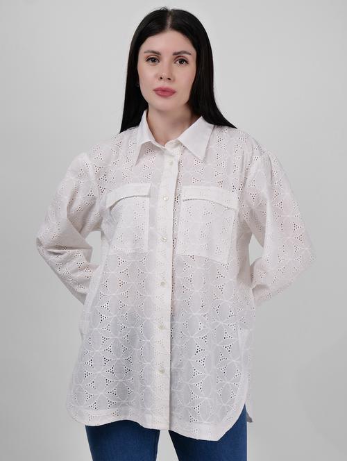 women schiffli detailed collared puff sleeves shirt - 21693252 -  Standard Image - 0