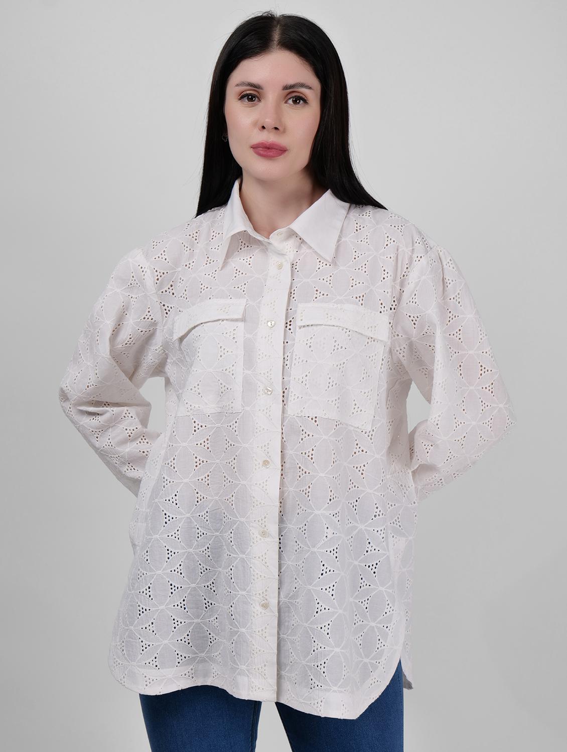 women schiffli detailed collared puff sleeves shirt - 21693252 -  Zoom Image - 0