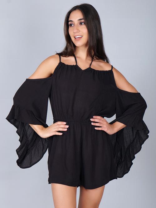 women solid cold shoulder bell sleeves romper - 21693284 -  Standard Image - 0