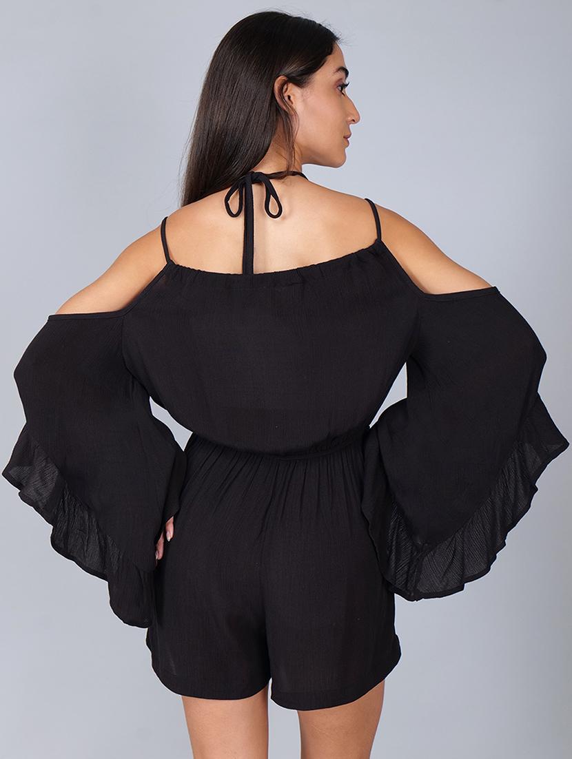 women solid cold shoulder bell sleeves romper - 21693284 - Standard Image - 3