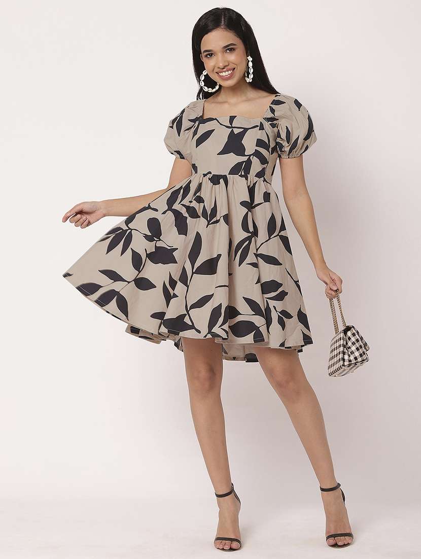 women printed puff sleeves fit & flare dress - 21693290 - Standard Image - 3