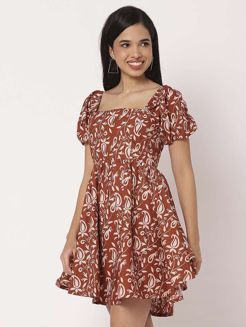 women printed puff sleeves fit & flare dress
